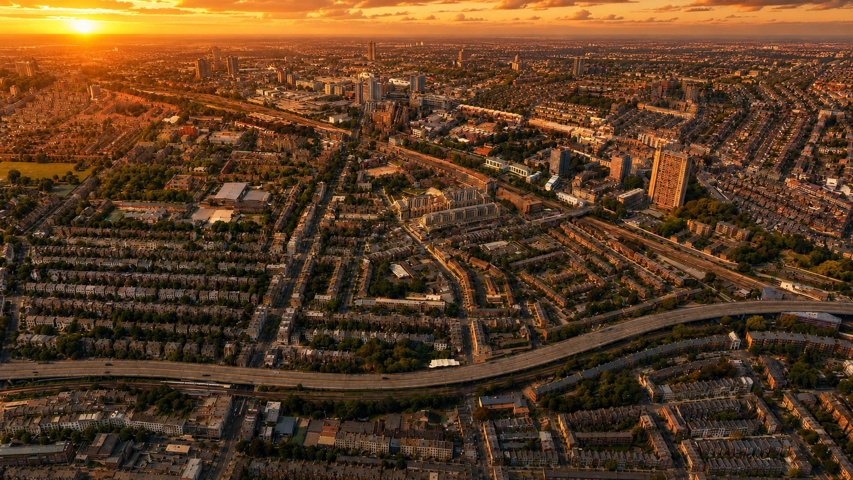 Sunset aerial view of North Kensington