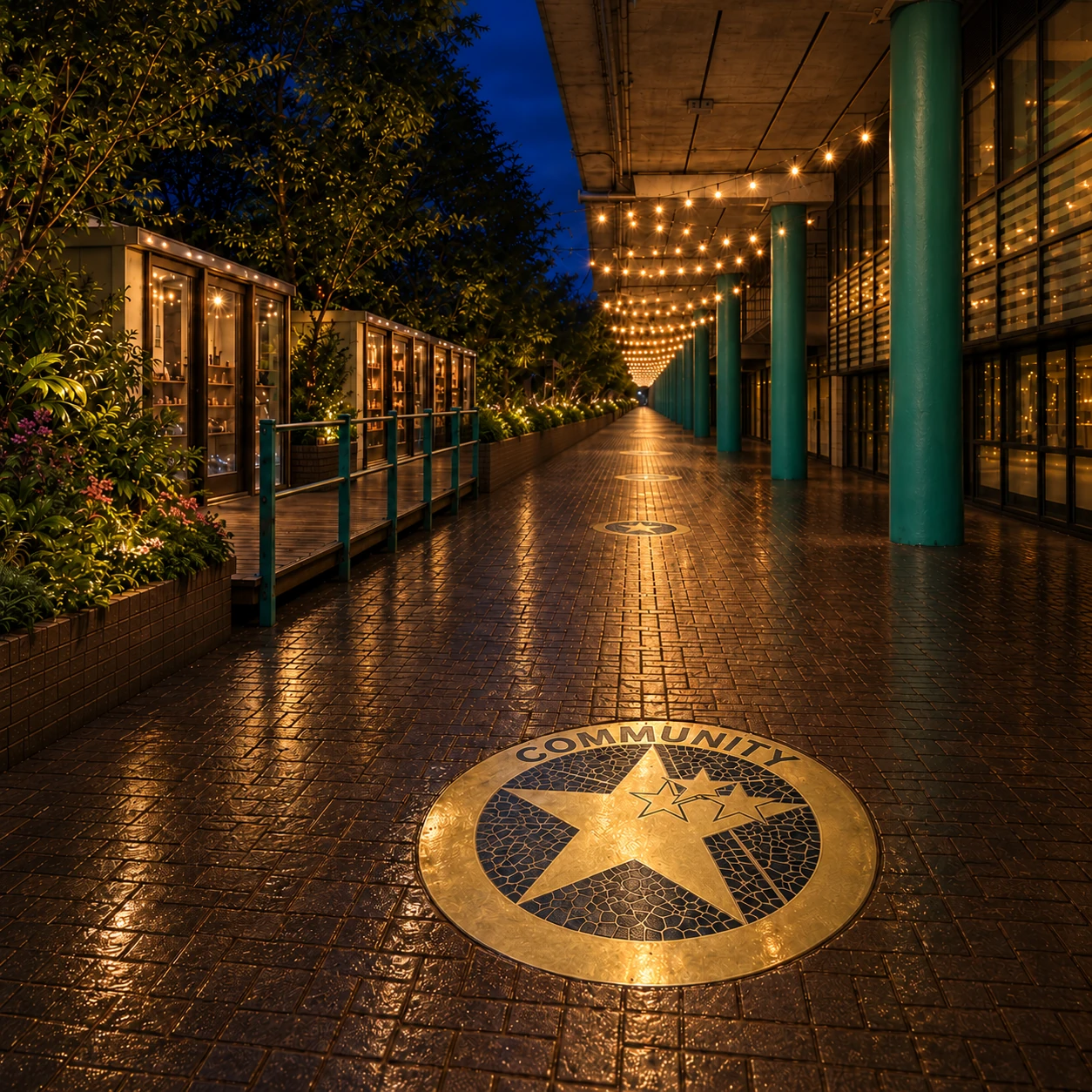 Under-Westway concept with teal columns and a circular Community mosaic