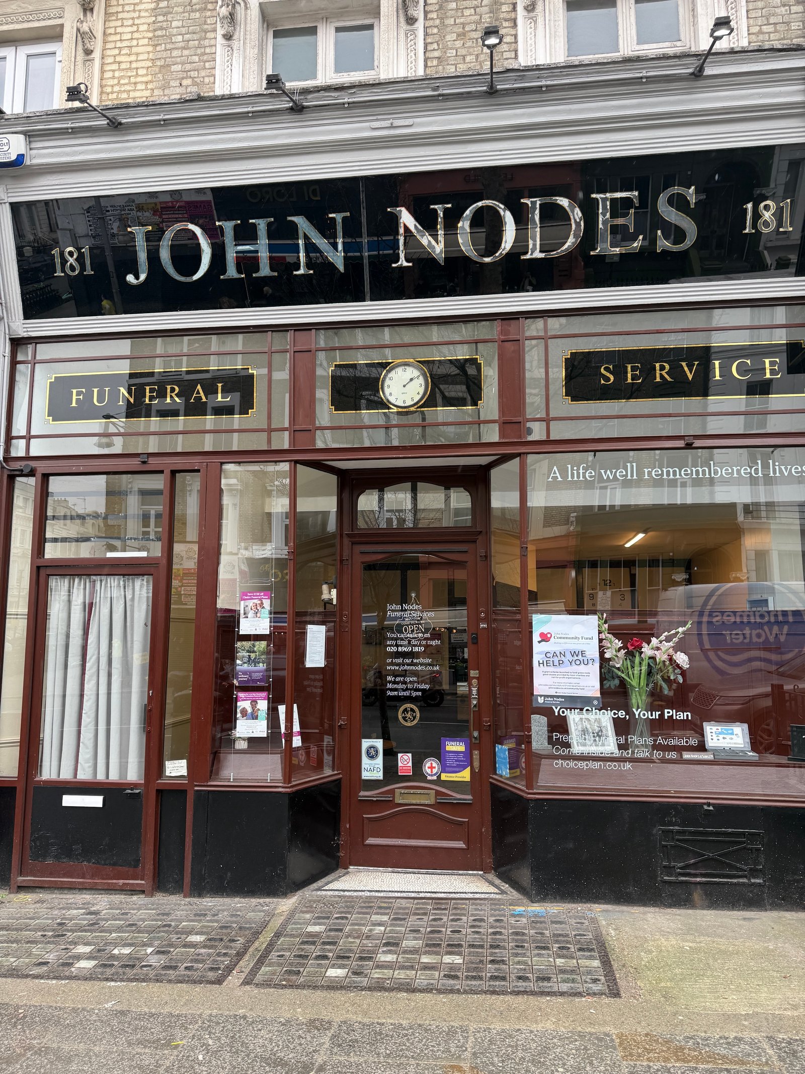 John Nodes Funeral Service storefront at 181 Ladbroke Grove
