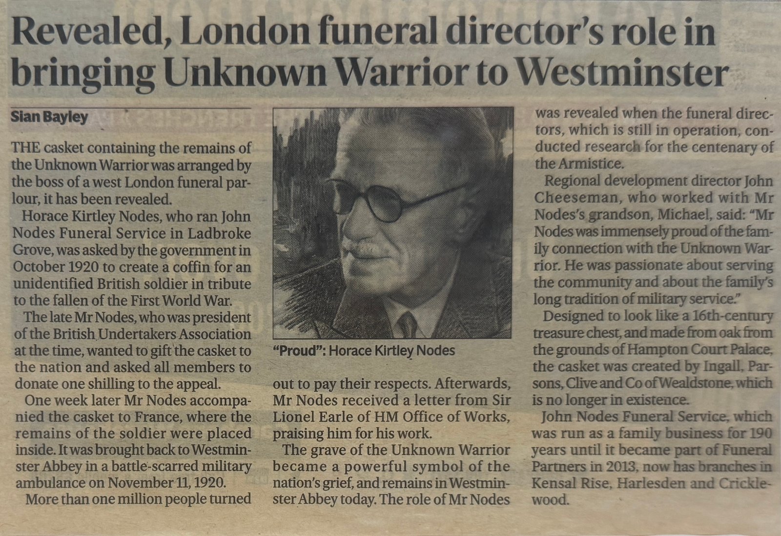 Newspaper article about Horace Kirtley Nodes and the Unknown Warrior