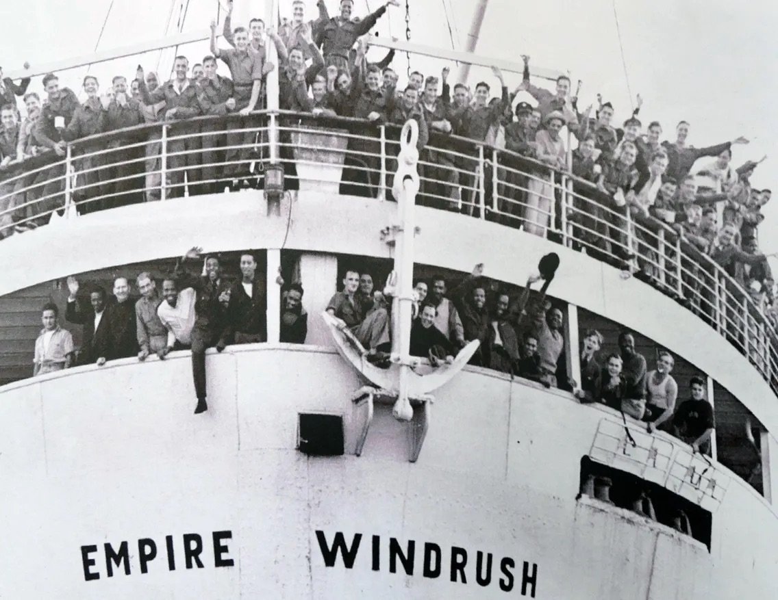 Passengers gathered aboard the Empire Windrush
